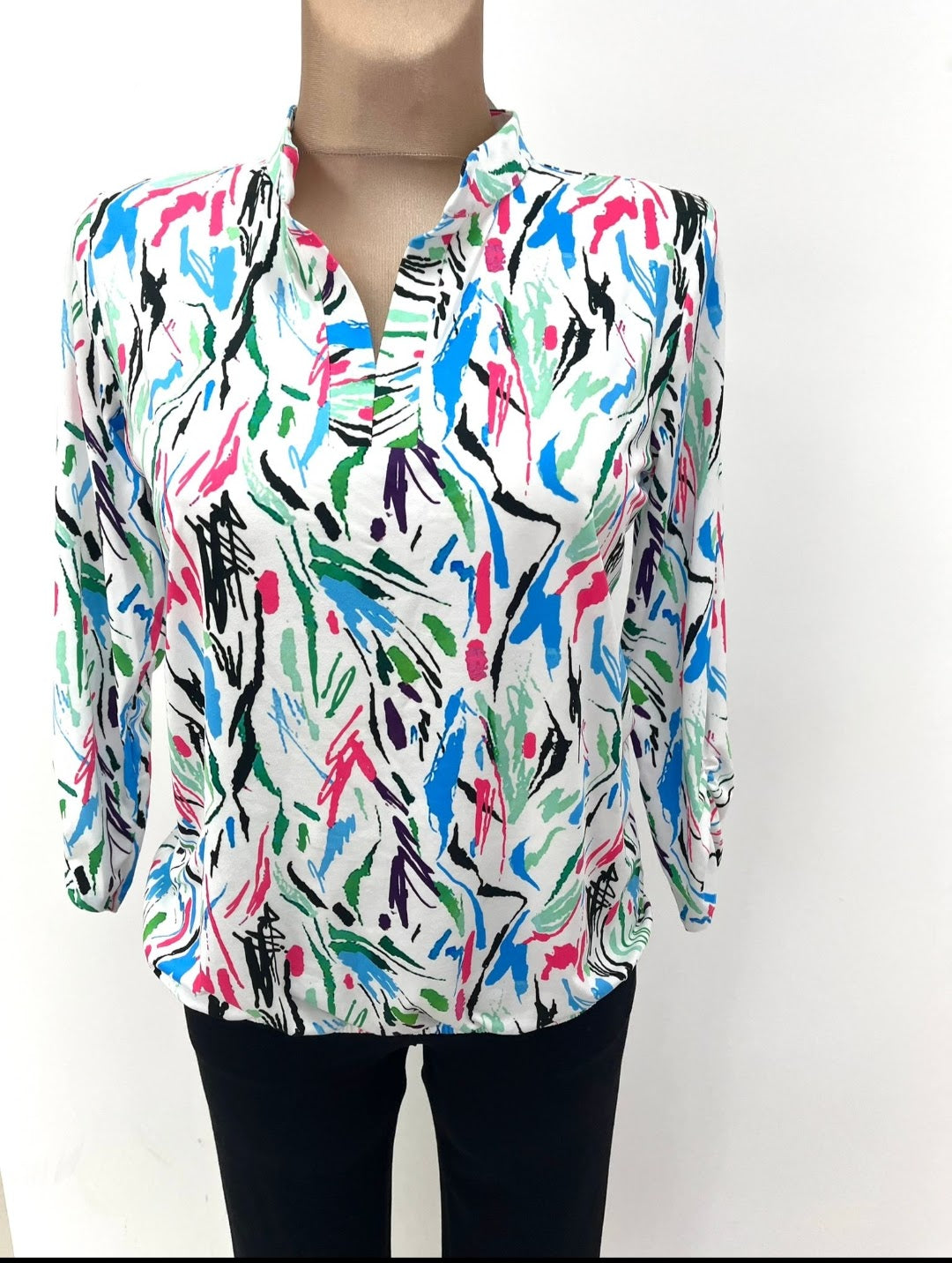 Yew blouse with stand up collar in multi print.  4027