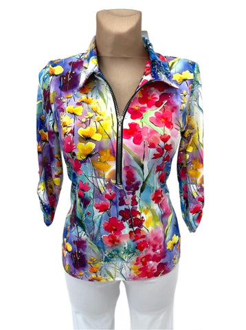 Yew Top with collar and Zip in abstract floral print 3861 2024