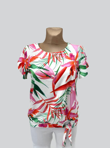Yew Round neck short sleeve top with tie detail. Pink mix