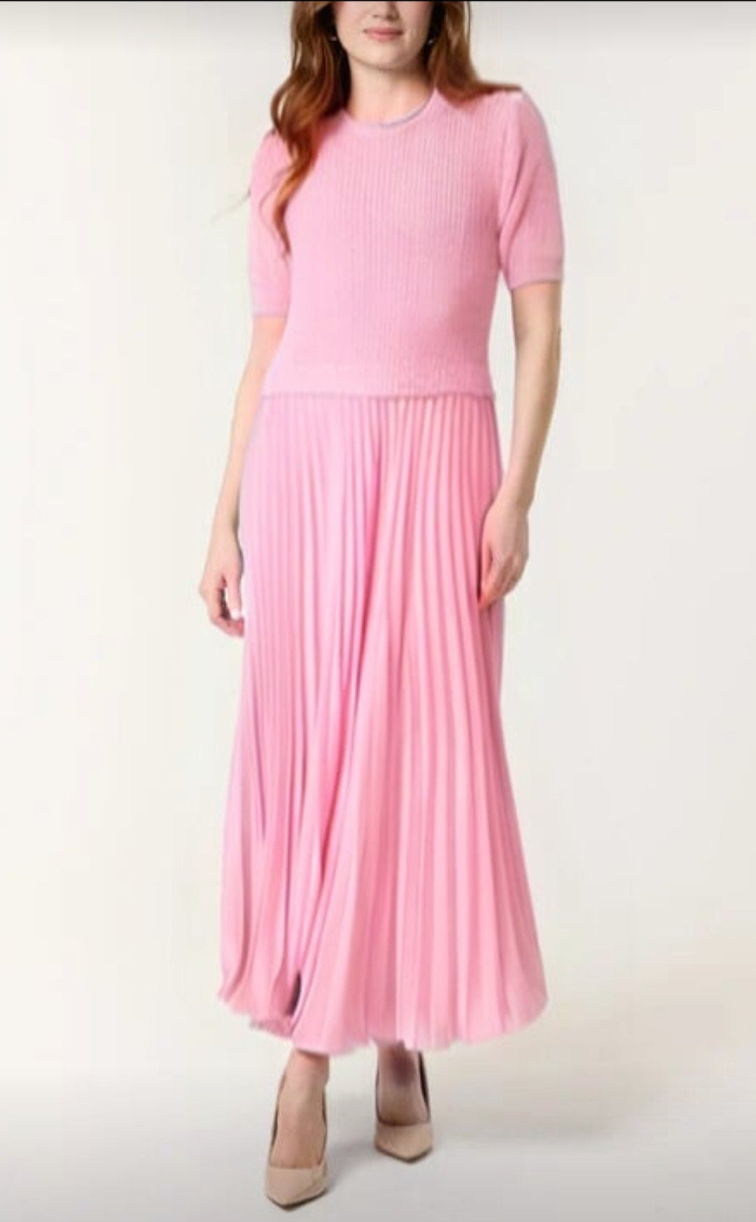 Knit Top Short Sleeve Dress with Pleated Skirt in Baby Pink