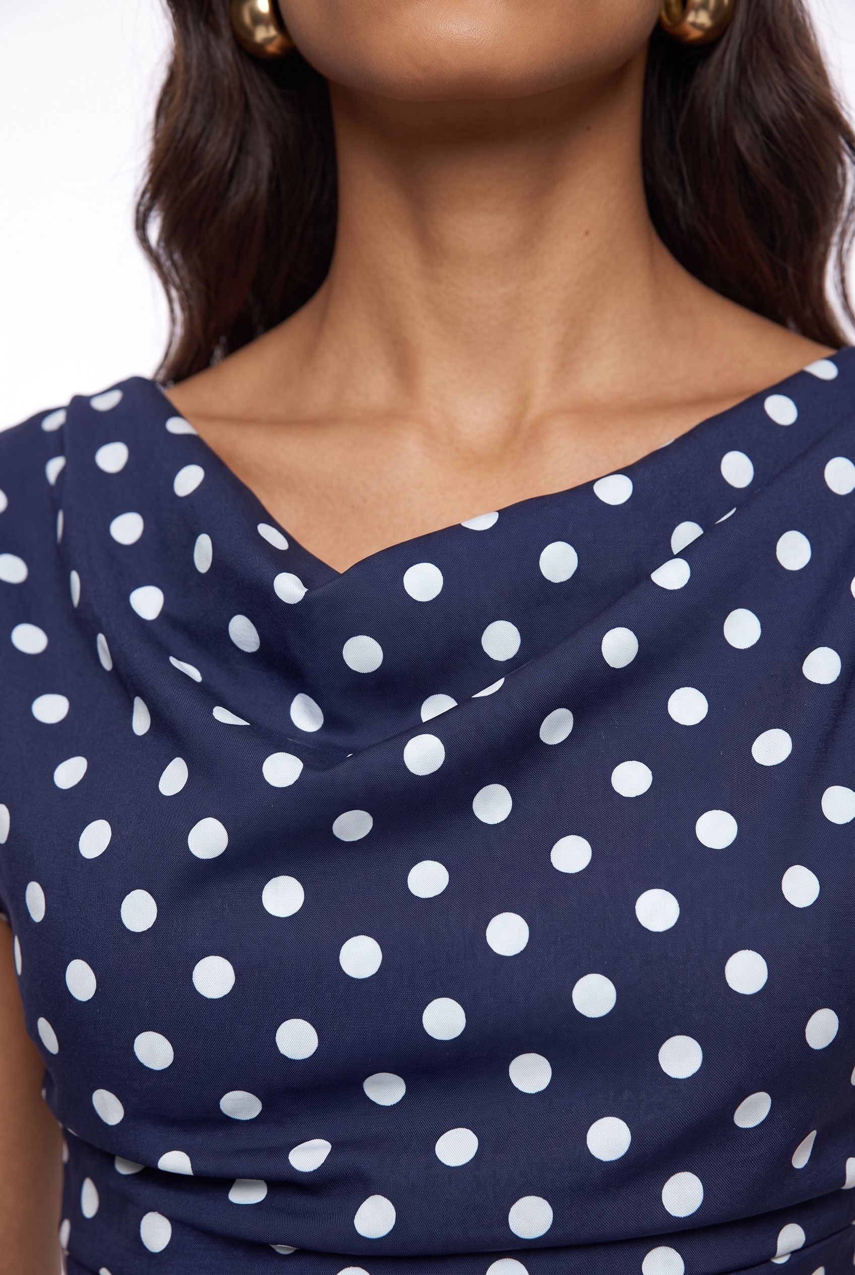 Marc Angelo Polka Dot Midi Dress with Cowl Neckline 181-26 Navy Spot