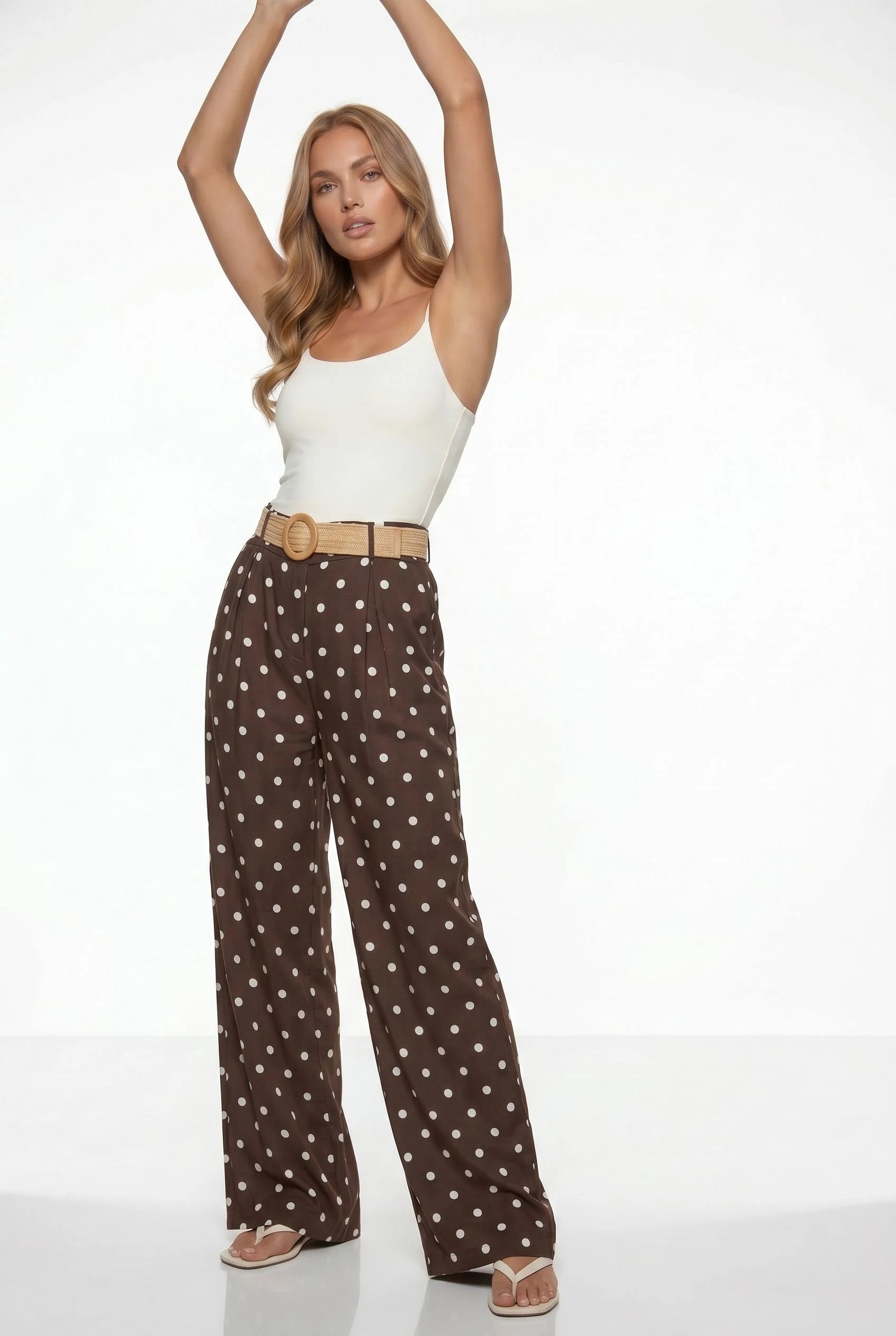 Polka Dot Wide-Leg Trousers with Straw Belt Brown