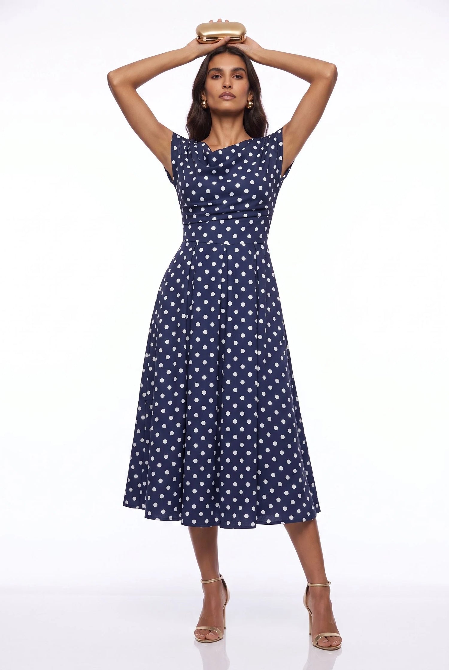 Marc Angelo Polka Dot Midi Dress with Cowl Neckline 181-26 Navy Spot