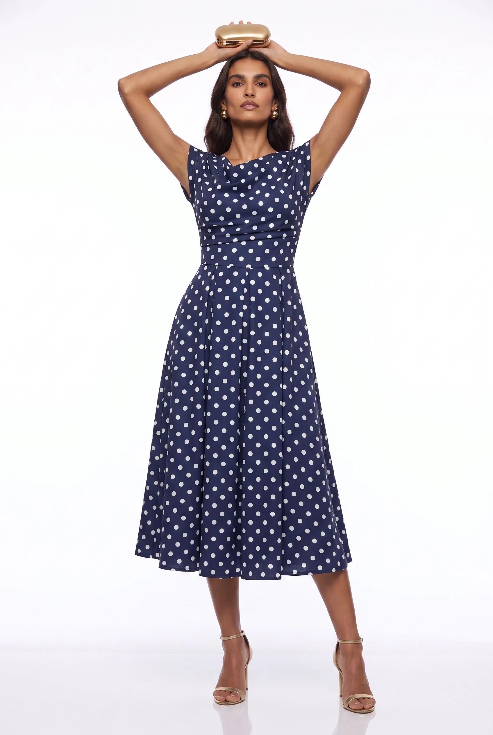 Marc Angelo Polka Dot Midi Dress with Cowl Neckline 181-26 Navy Spot