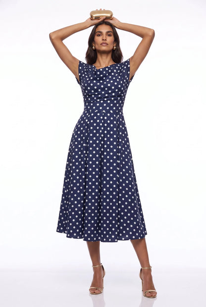 Marc Angelo Polka Dot Midi Dress with Cowl Neckline 181-26 Navy Spot