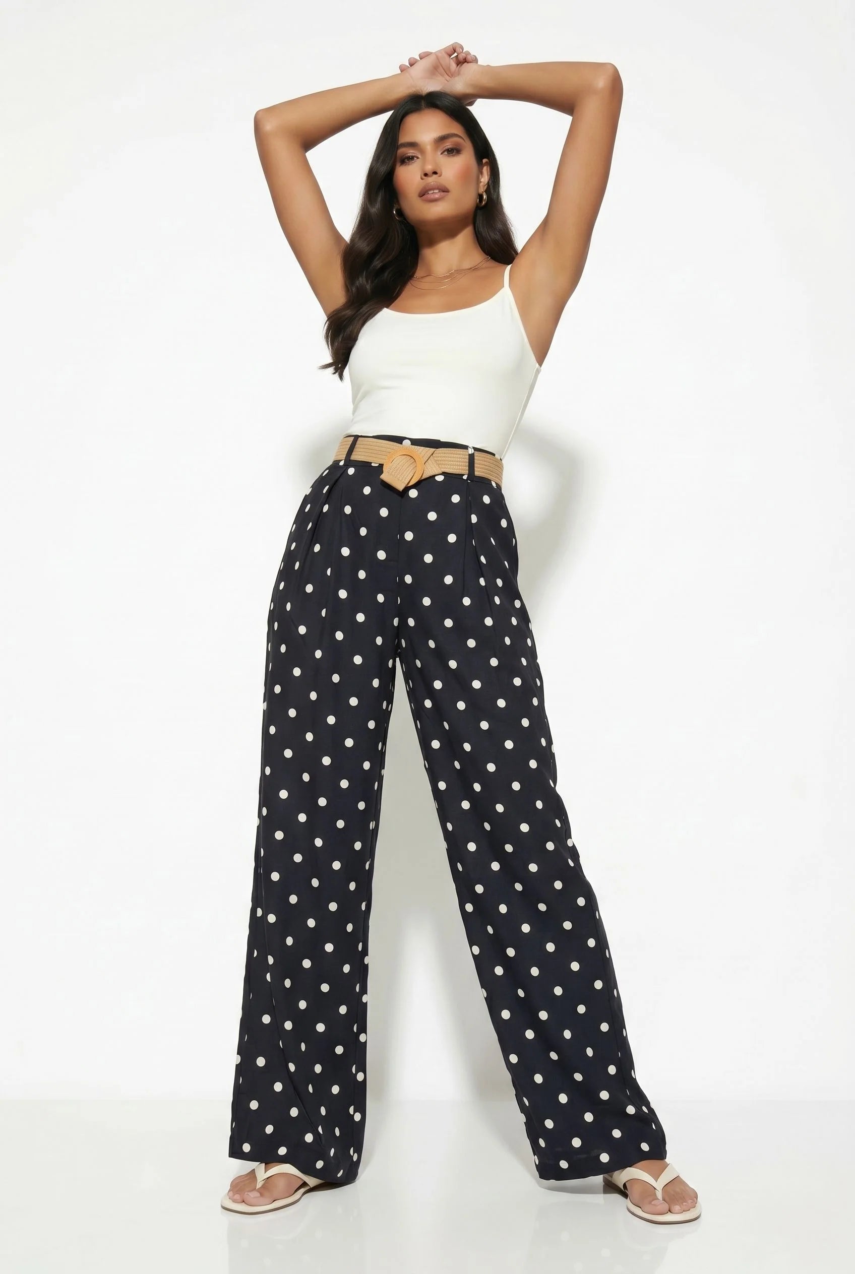 Polka Dot Wide-Leg Trousers with Straw Belt Black