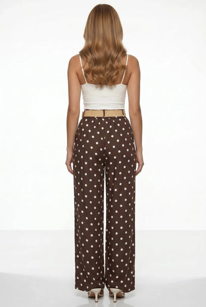 Polka Dot Wide-Leg Trousers with Straw Belt Brown