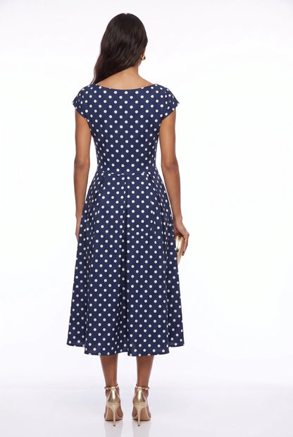 Marc Angelo Polka Dot Midi Dress with Cowl Neckline 181-26 Navy Spot