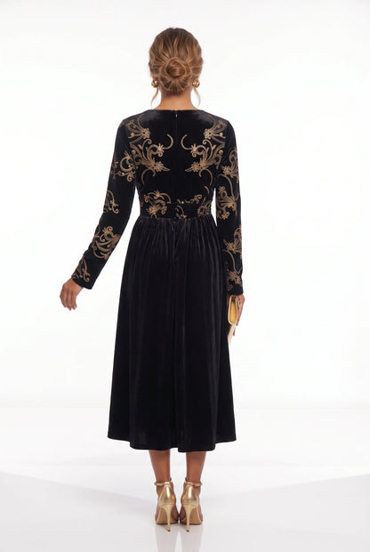 Marc Angelo Velvet Embroidered Midi Dress Black, Green or Burgundy  81188