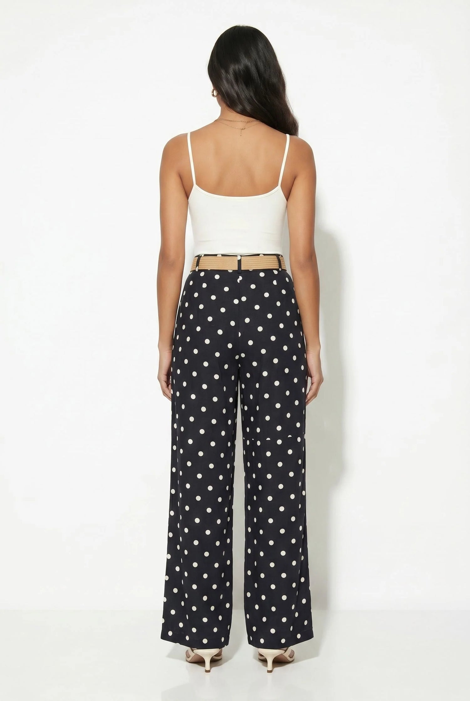 Polka Dot Wide-Leg Trousers with Straw Belt Black