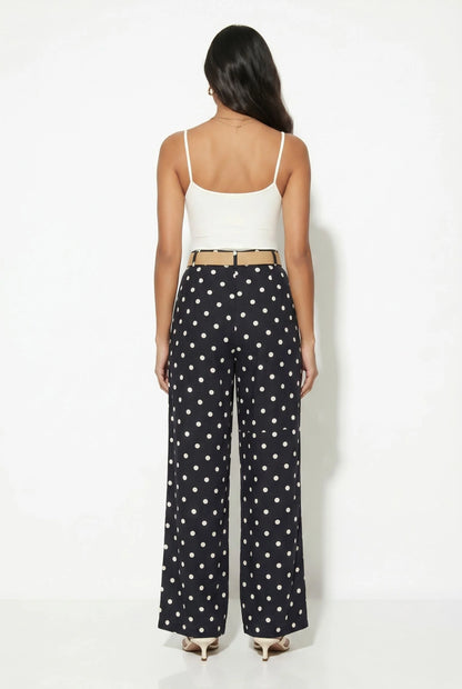 Polka Dot Wide-Leg Trousers with Straw Belt Black