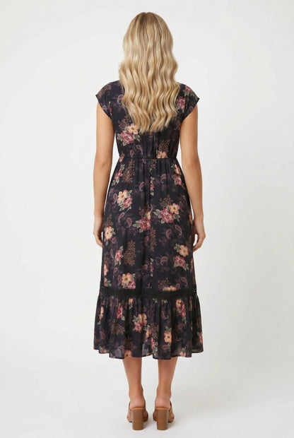 Stella Morgan Button Through Floral Print Midi Dress in Navy D525027