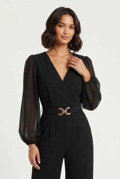 Stella Morgan Sheer Sleeve Wide leg jumpsuit Js182270