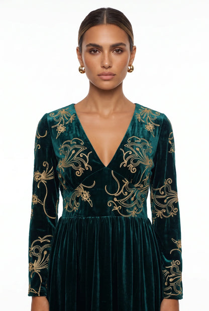 Marc Angelo Velvet Embroidered Midi Dress Black, Green or Burgundy  81188