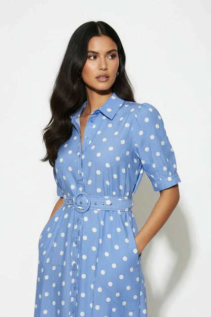 Marc Angelo Polka Dot Midi Shirt Dress in Blue Ma81209