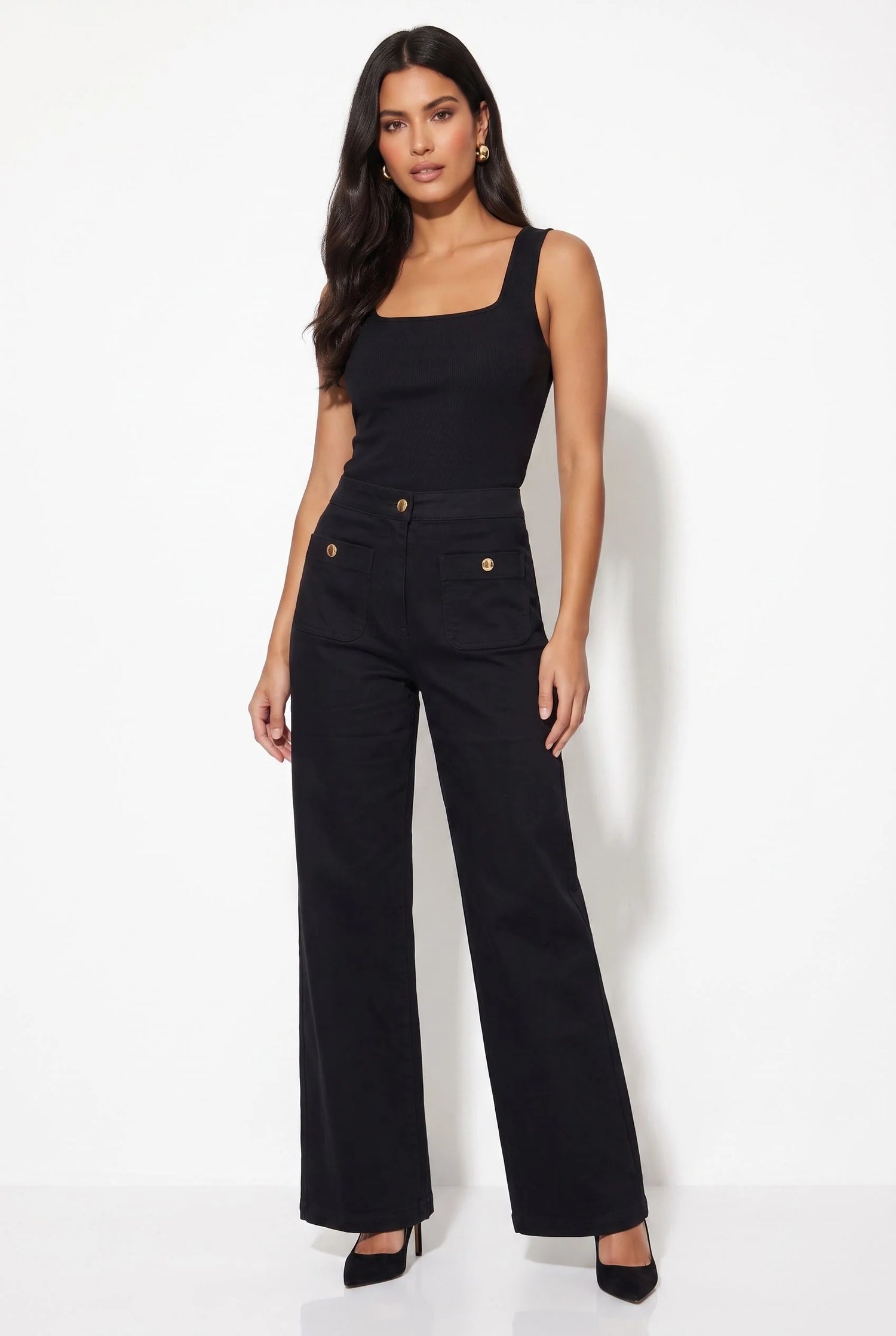 Marc Angelo Wide Leg High Waist Black Stretch Denim Jeans Ma24215
