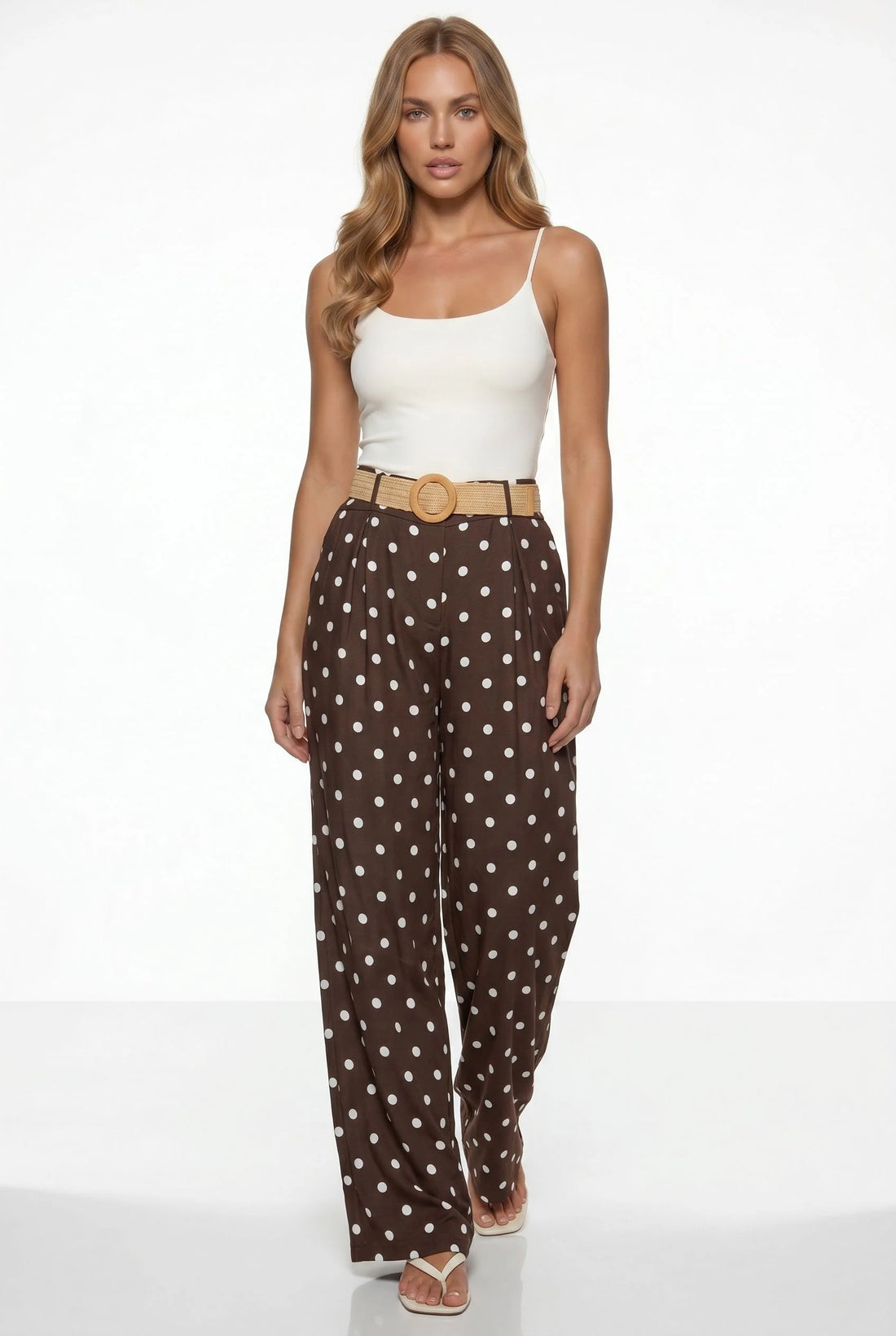 Polka Dot Wide-Leg Trousers with Straw Belt Brown