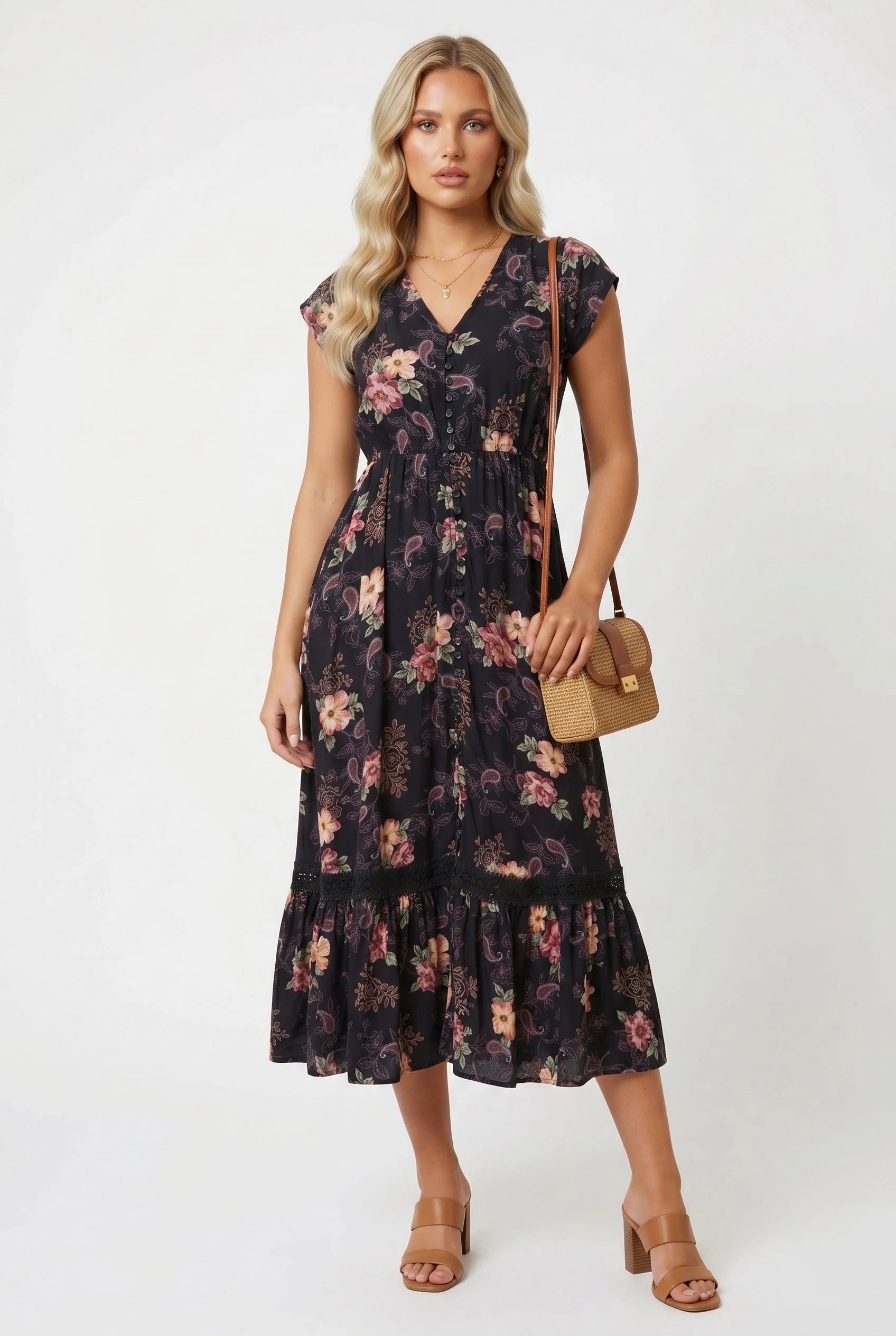 Stella Morgan Button Through Floral Print Midi Dress in Navy D525027