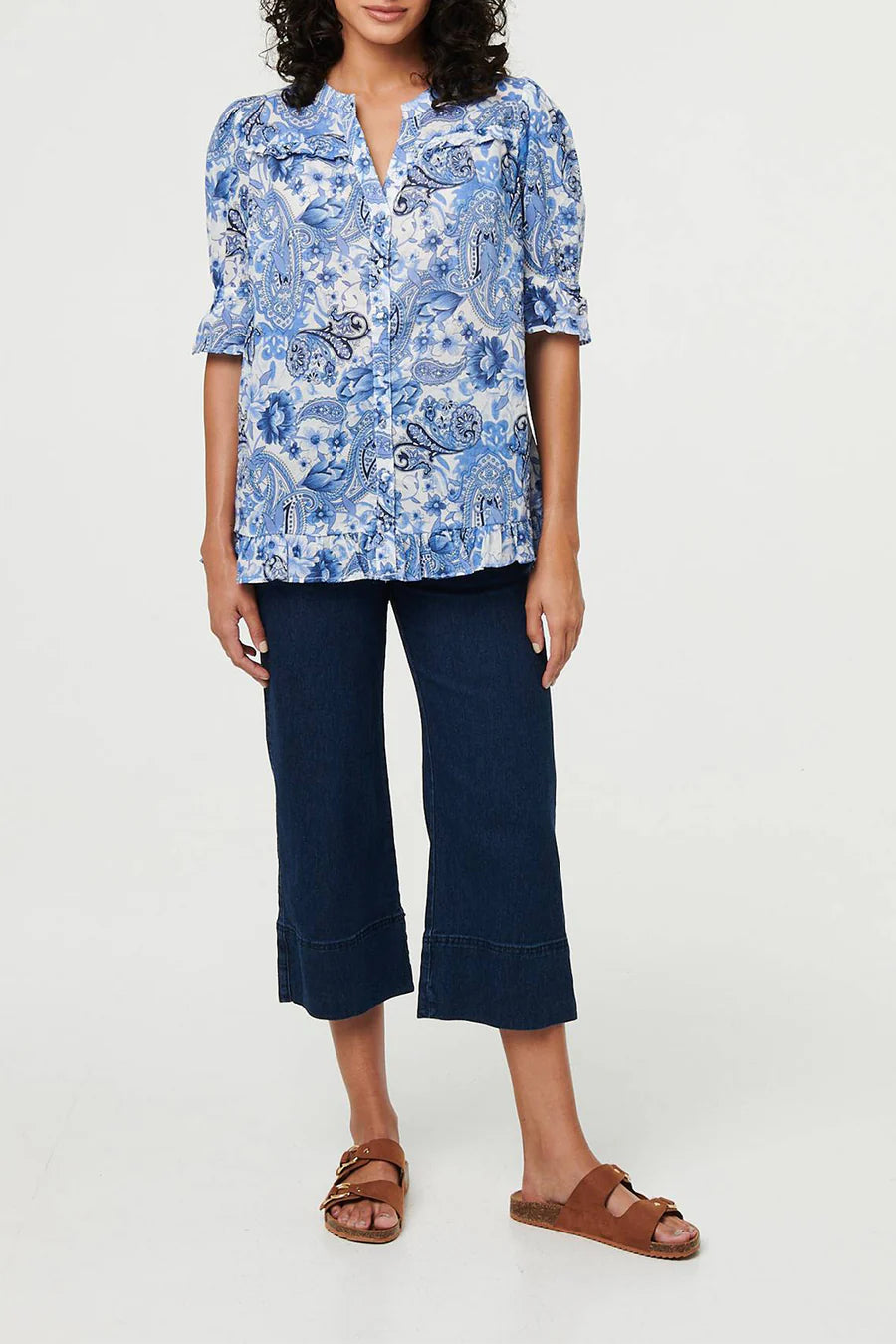 Cotton Paisley 1/2 sleeve shirt with frill hem