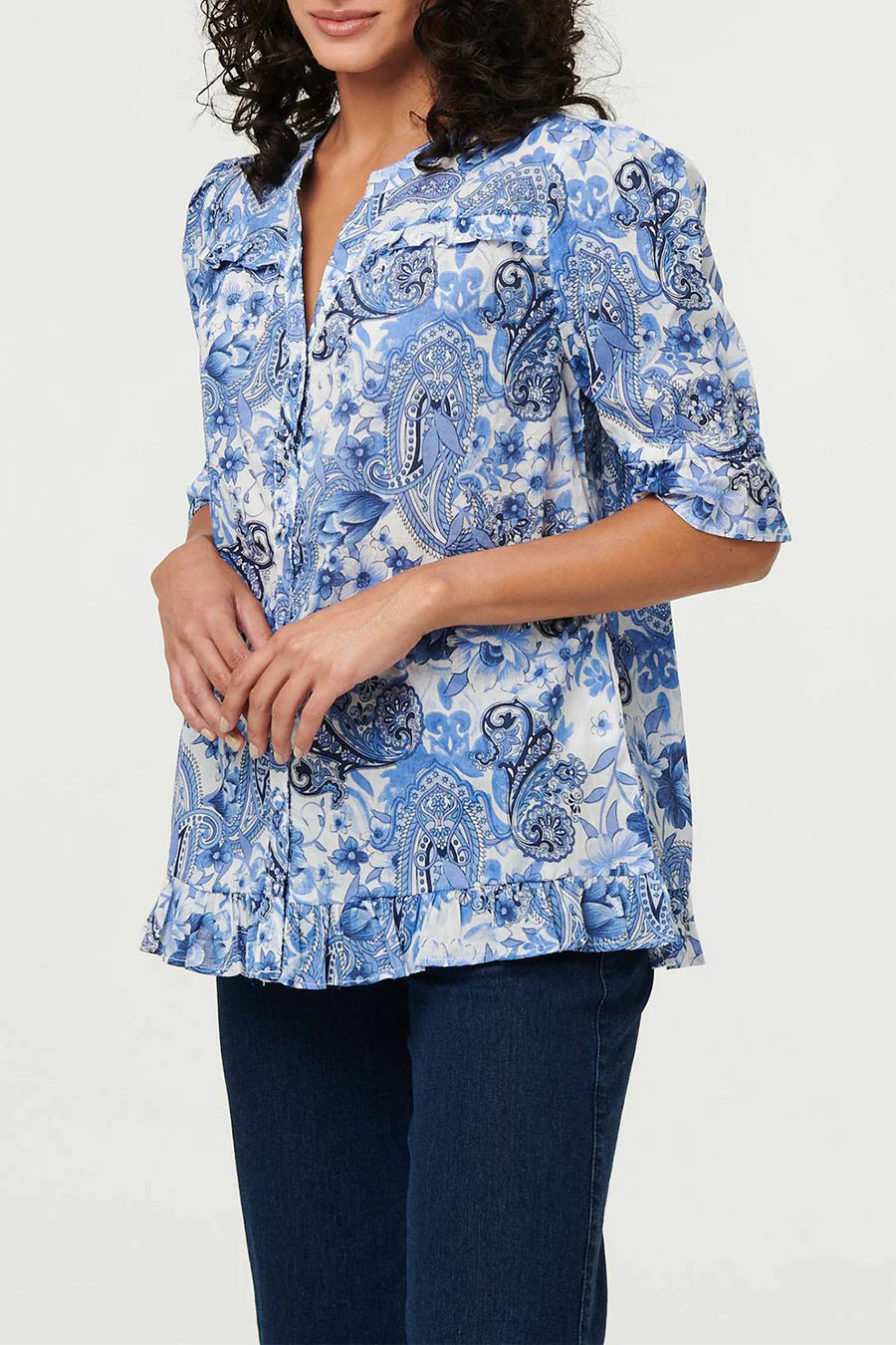 Cotton Paisley 1/2 sleeve shirt with frill hem