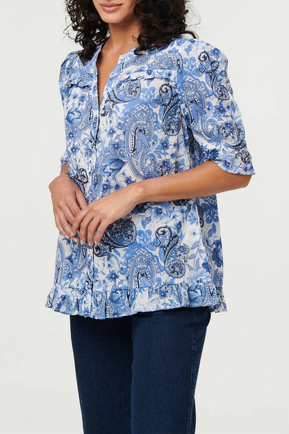 Cotton Paisley 1/2 sleeve shirt with frill hem