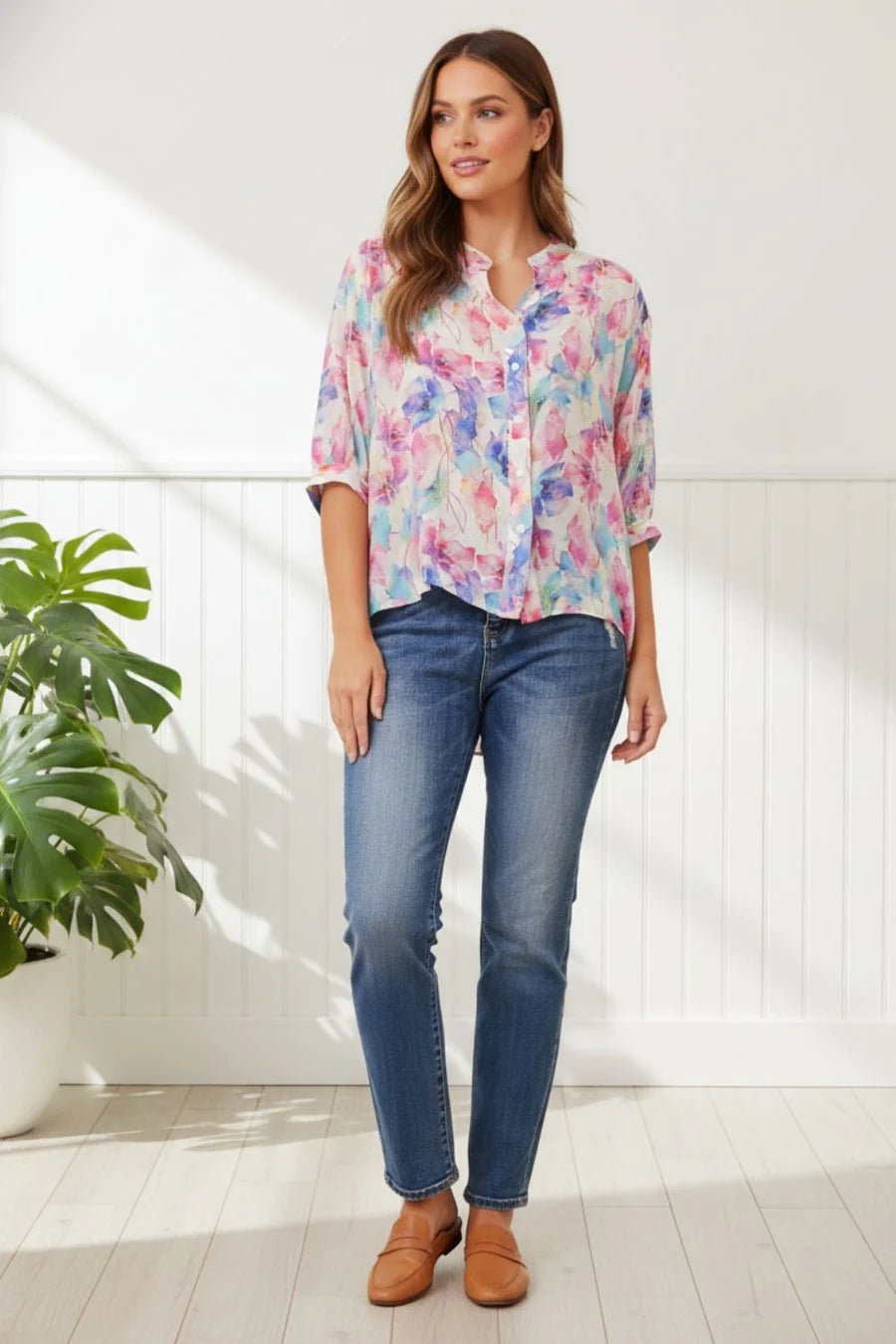 Stella Morgan Floral Print Button Back Top T524759
