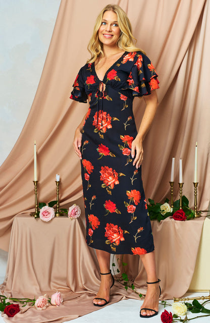 Hope &amp; Ivy The Felicity Frill Sleeve V-Neck Midi Dress with Tie Detail