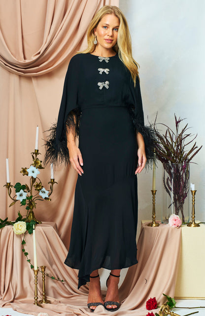 Hope &amp; Ivy The Helena Feather Trim Flutter Sleeve Midi Dress with Embellished Bows