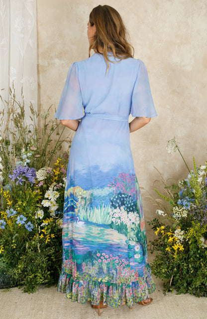 Hope &amp; Ivy Nadia Flutter Sleeve Maxi Wrap Dress with Tie Waist and Contrast Hem