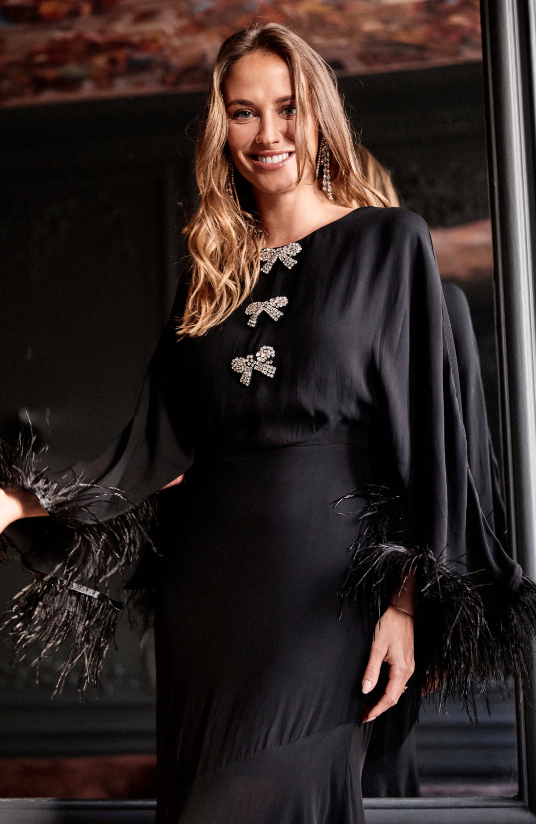 Hope &amp; Ivy The Helena Feather Trim Flutter Sleeve Midi Dress with Embellished Bows