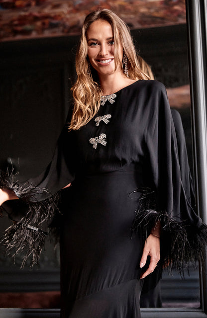 Hope &amp; Ivy The Helena Feather Trim Flutter Sleeve Midi Dress with Embellished Bows