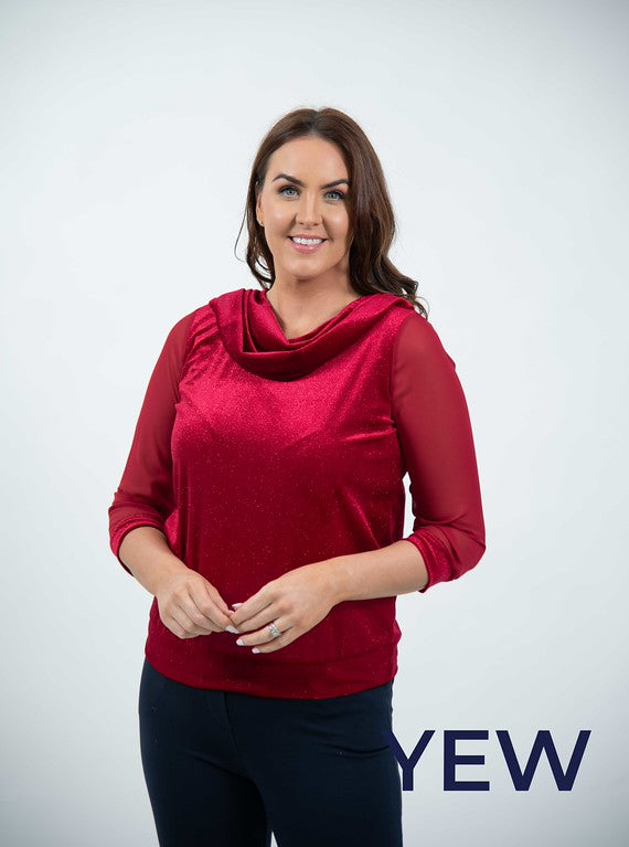 Yew Red Velvet shimmer Cowl neck to with sheer sleeves