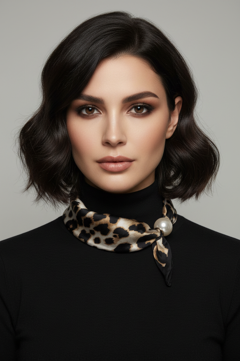 Animal Print Pearl Clasp Scarf - Model Shot