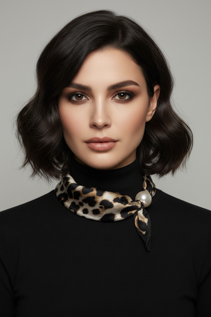 Animal Print Pearl Clasp Scarf - Model Shot