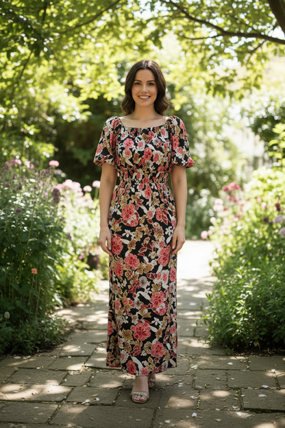 Ava Black Floral Maxi – Slim Skirt Standing