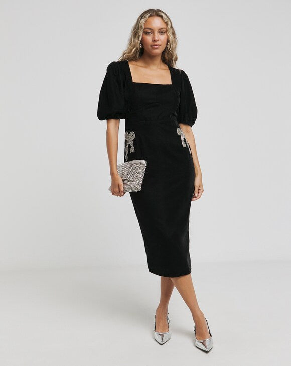The Alba Puff Sleeve Midi Dress With Embellished Bow Details