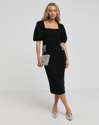 The Alba Puff Sleeve Midi Dress With Embellished Bow Details