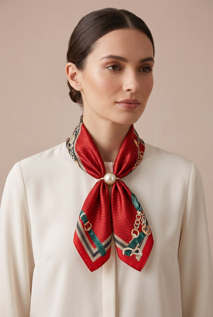 Silk Blend Scarf with Adjustable Pearl Clasp – Red Chain Print