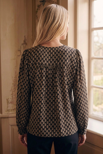 Back view of the B Copenhagen printed top on a model