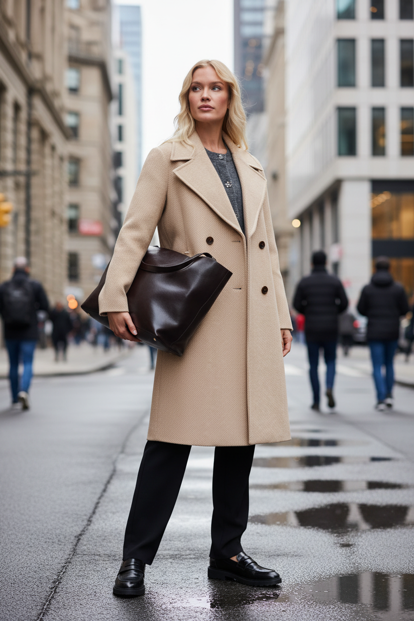 Beige coat city street model image
