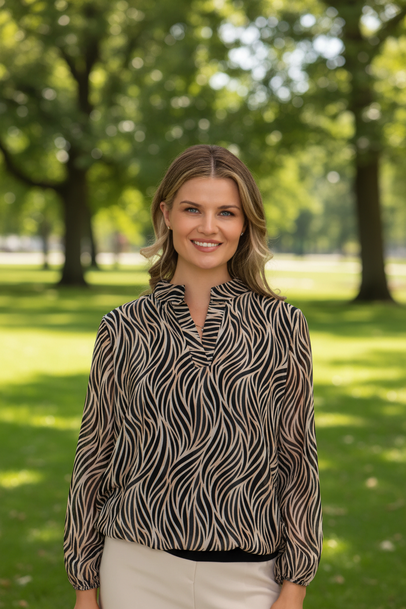 Black animal print top in park - upper body