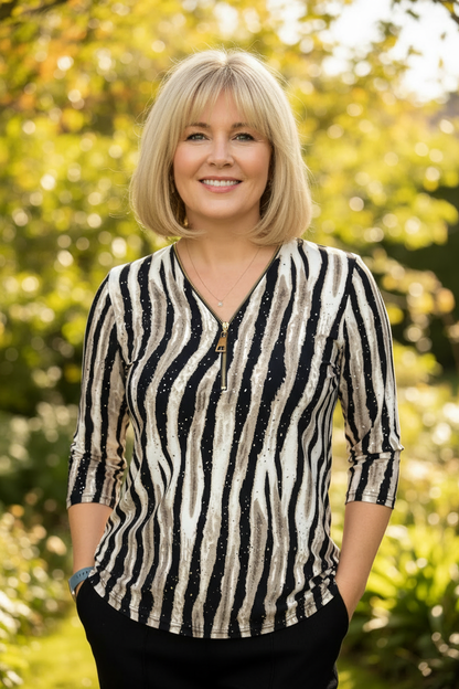 Black cream gold zebra glitter zip top lifestyle