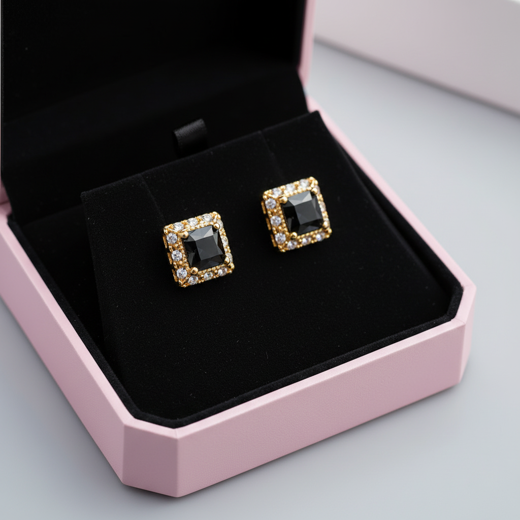 Black Crystal Earrings in Pink Gift Box
