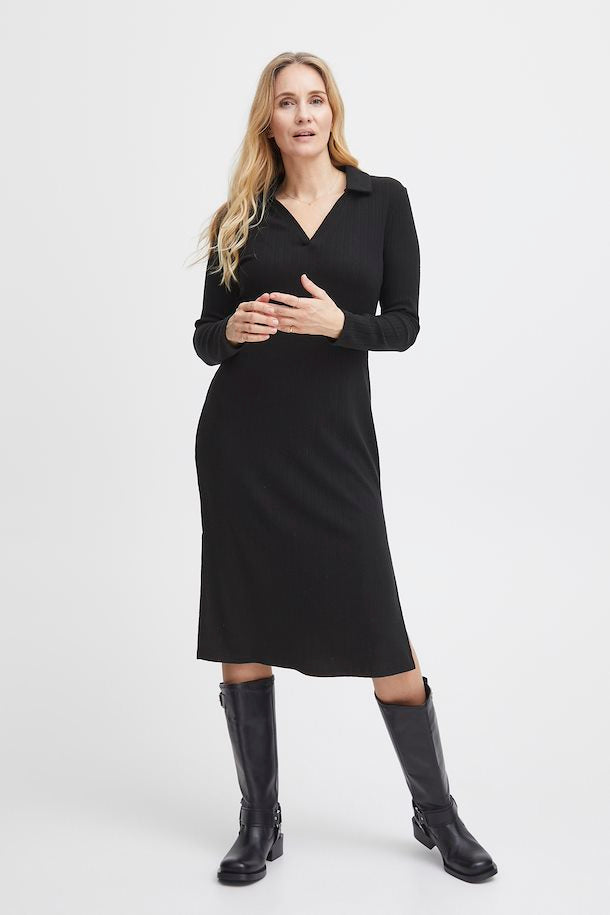 Fransa Black Ribbed knit dress with collar 20612502 – DBiggins | Strickkleider