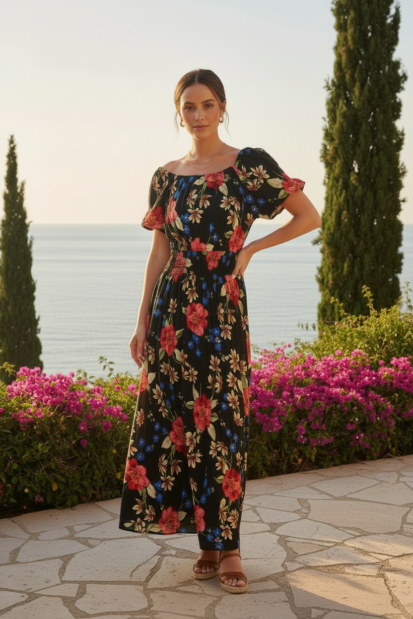 Black Floral Maxi - Off Shoulder