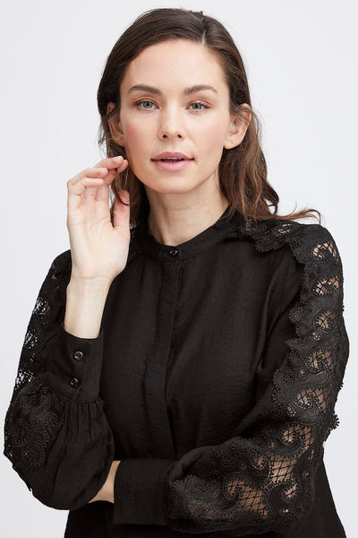 Fransa Long Sleeve Blouse with lace sleeve detail. Black or Cream