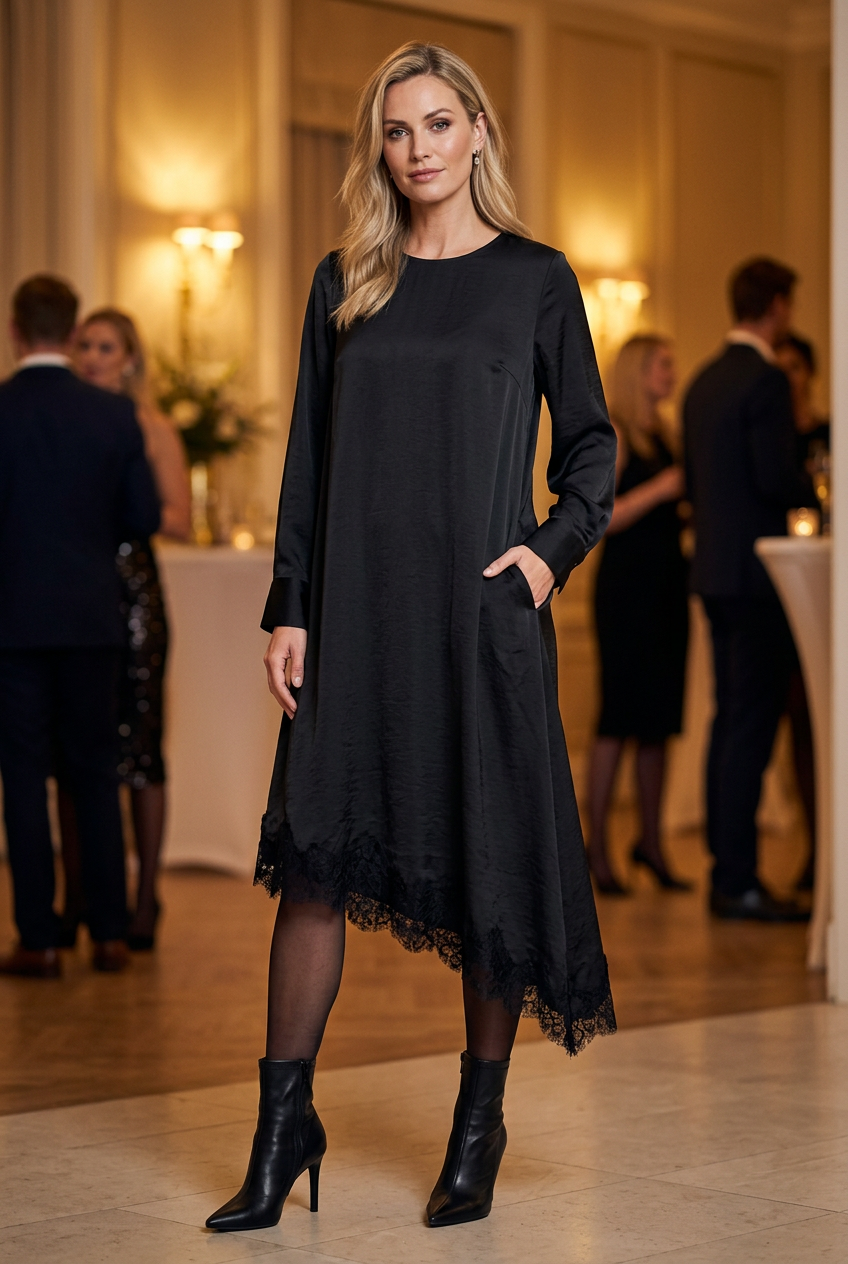 Black satin lace-trim dress styled with sheer tights and high-heeled ankle boots at an evening party