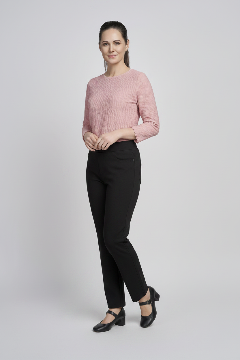 Black Straight Leg Trouser with Pink Knit &amp; Mary Janes