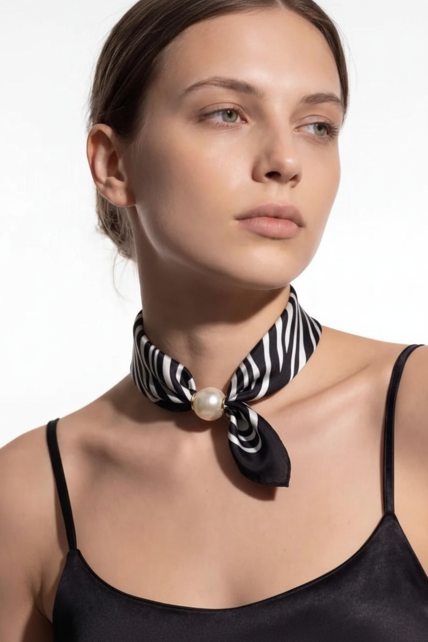 Black &amp; White Swirl Pearl Clasp Scarf on Model