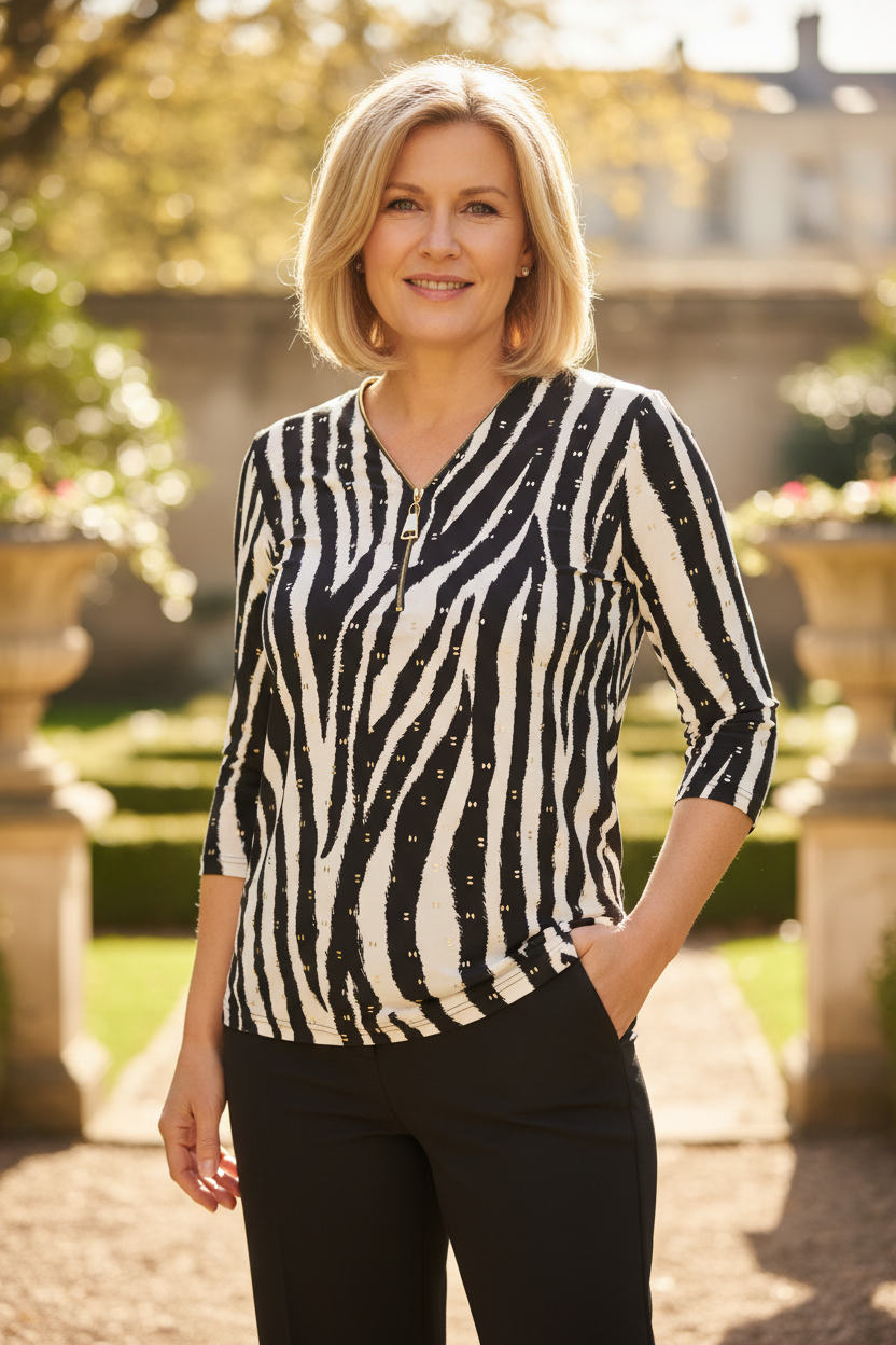 Black &amp; white zebra zip top lifestyle portrait